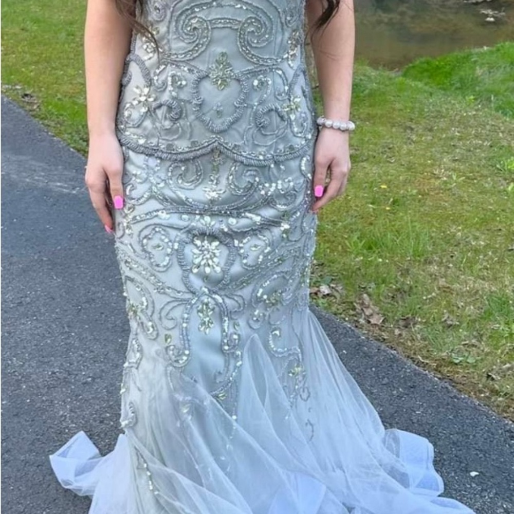Elegant Beaded Gown in Silver and Gray